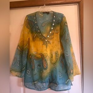 Raviya Yellow and Blue Embellished V-Neck Blouse